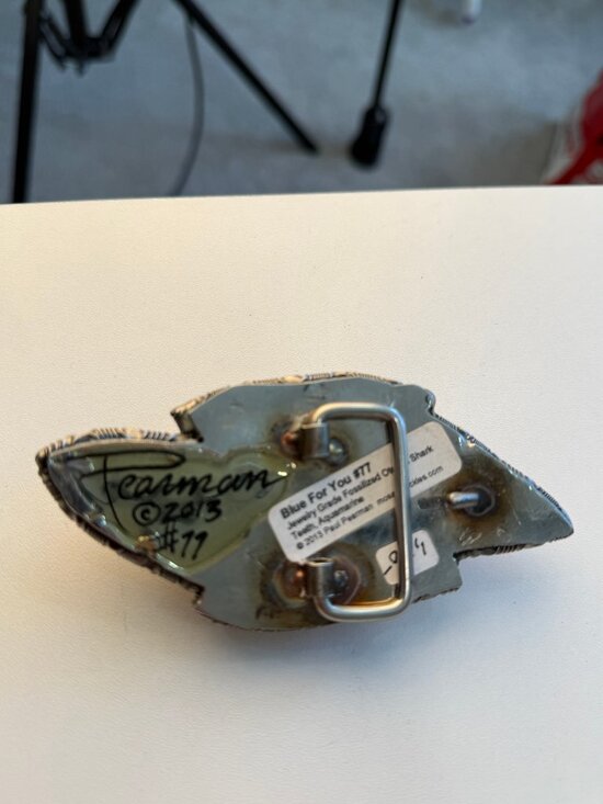 Rare Paul Pearman sigend Megalodon shark tooth & aquamarine Gem belt buckle main image 6